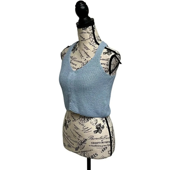 Jolie And Joy Light Blue Vneck Cropped Pullover Crochet Top M Boho Beach Peasent - Picture 2 of 10